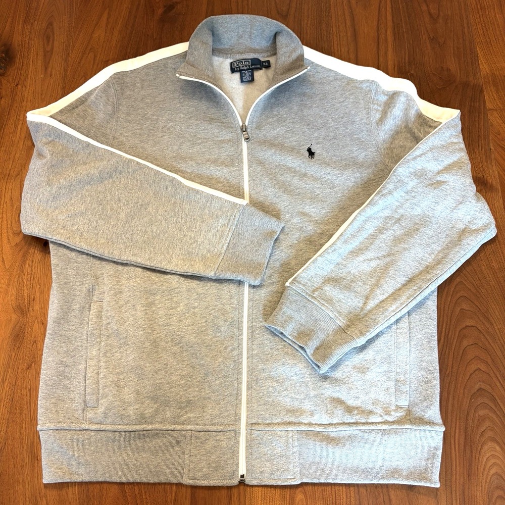 Men's Vintage Ralph Lauren Polo Gray w/ White Stripe Sleeve Zip Jacket Size XL